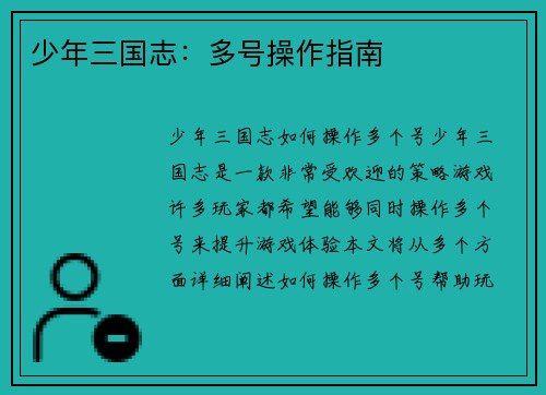 少年三国志：多号操作指南
